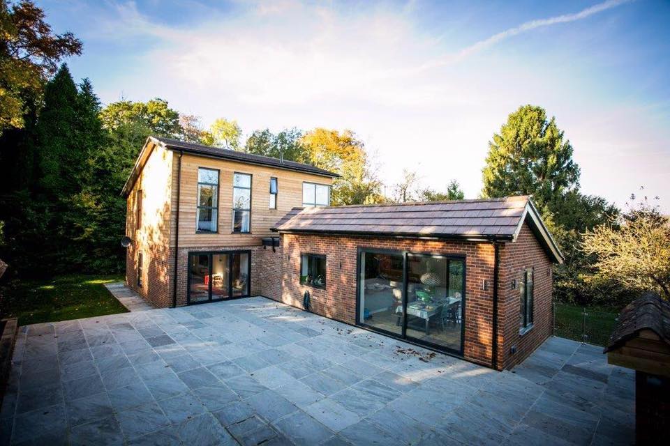 Contemporary house with a large patio.