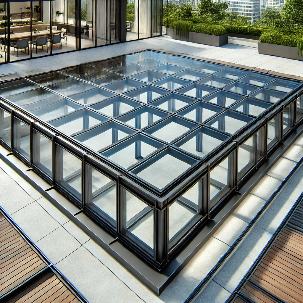 Large glass roof, contemporary architecture.