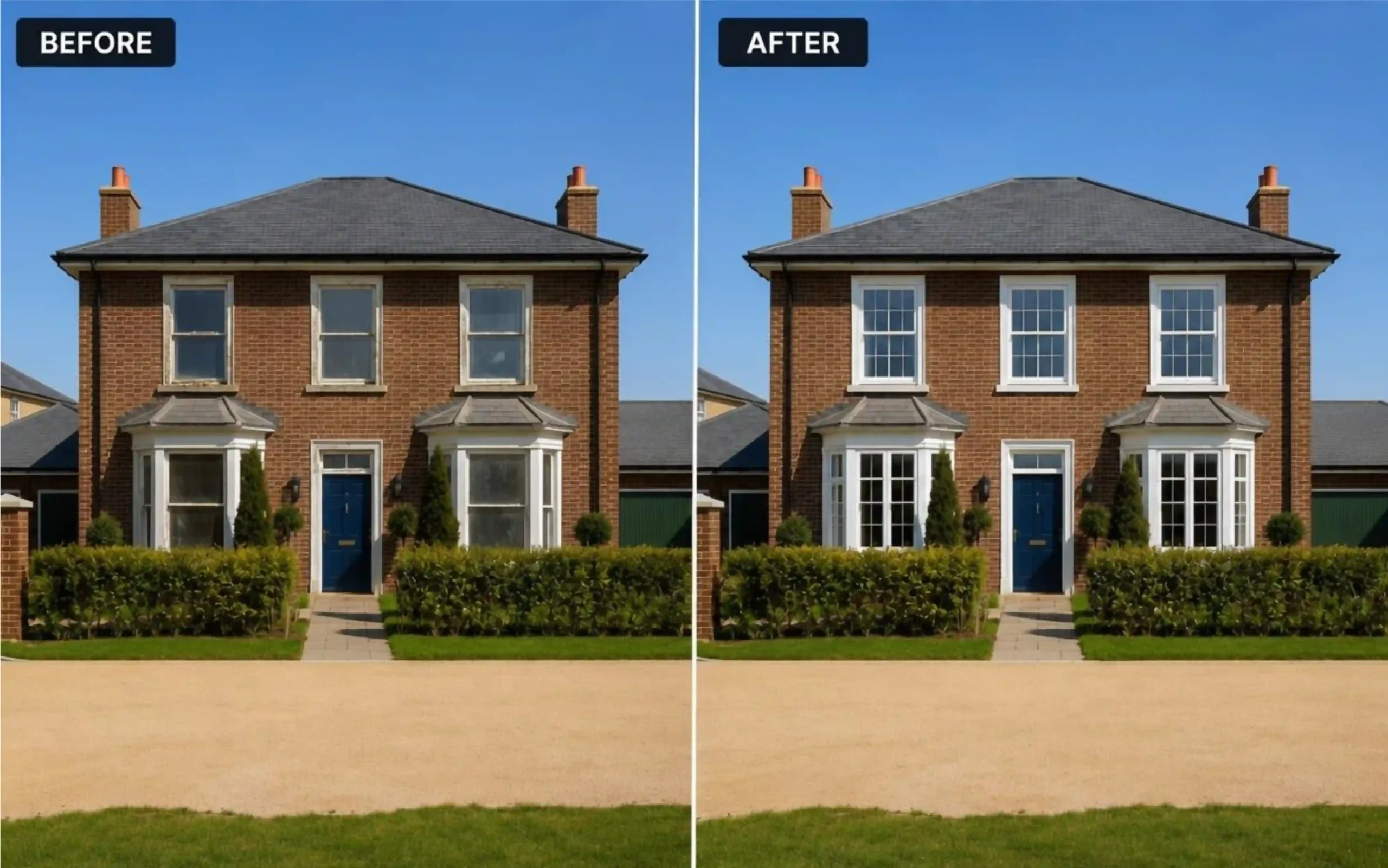 Before vs after comparison image of a home after new windows intallation