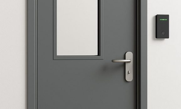 Access-contro Gray security door with a window.