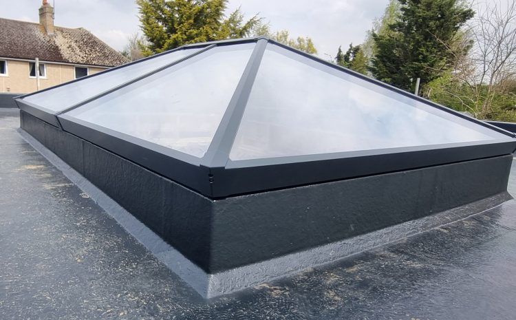 Black-framed skylight with transparent panels on pitched roof.
