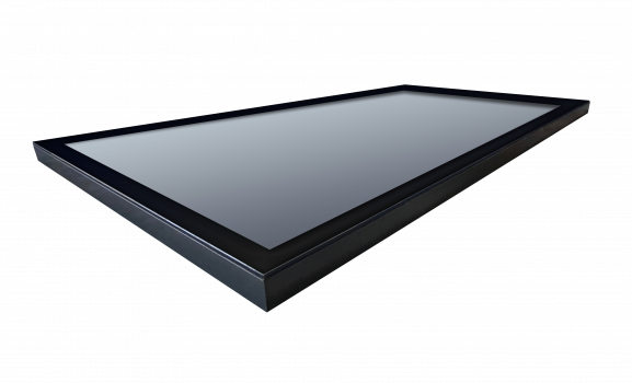 Dark gray rectangular glass skylight on modern white frame.
