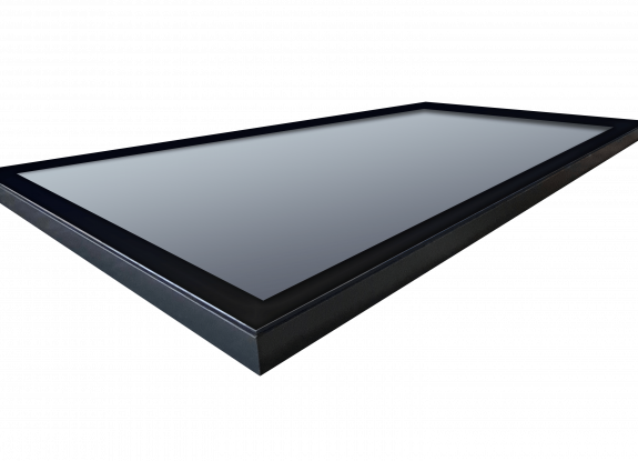 Edge1x2-min Dark gray rectangular glass skylight on modern white frame.