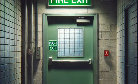 Green fire exit sign in hallway.