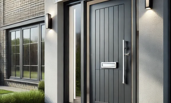 Dark gray door with large glass panel on light stone house.