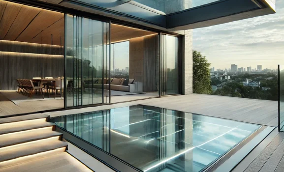 Glass floor panel overlooking a rooftop terrace.