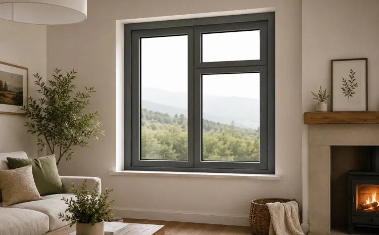 Dark grey uPVC casement window in modern living room with fireplace