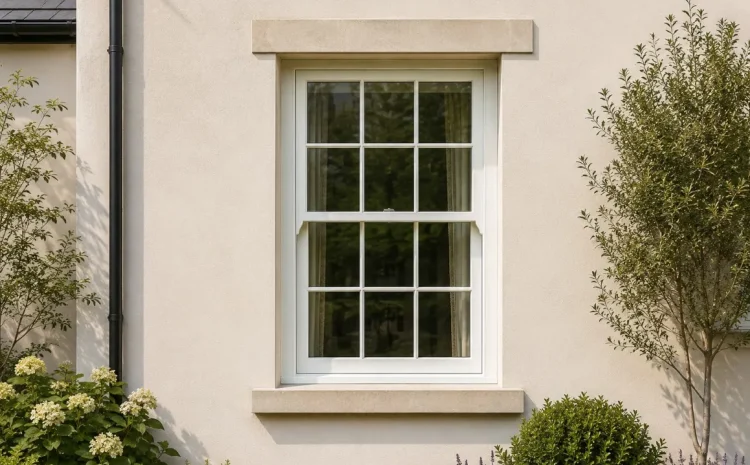 White heritage sash window on light rendered house exterior