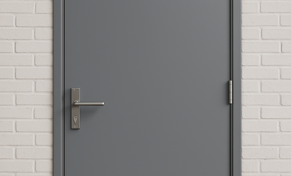 Heavy gray steel door with hardware.